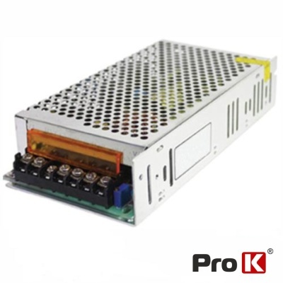 Fonte de alimentação metálica perfurada com terminais e logo Pro K