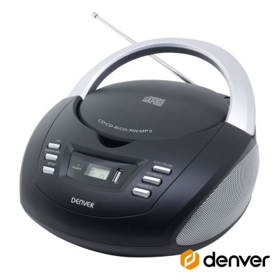 Rádio portátil preto com alça cinza e colunas laterais em malha prateada