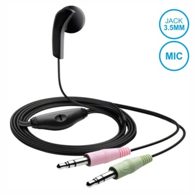 Auricular preto com microfone e cabo com conectores verde e rosa