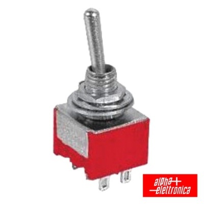 Interruptor de alavanca metálica com base vermelha e logótipo alpha + elettronica