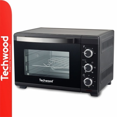 Forno elétrico de bancada Techwood preto com porta de vidro e botões ajustáveis