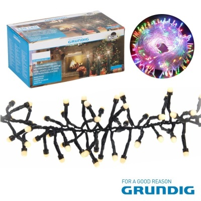 Conjunto de luzes de Natal LED com fio preto e lâmpadas amarelas, embalagem azul e branca GRUNDIG