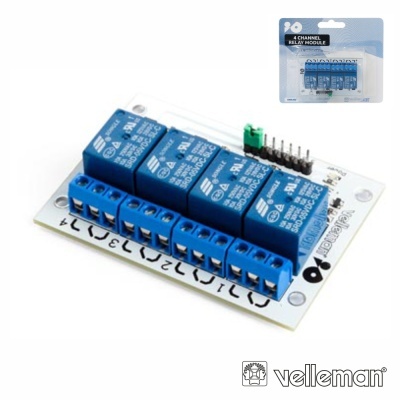 Módulo de relé azul de quatro canais com terminais azuis e embalagem plástica