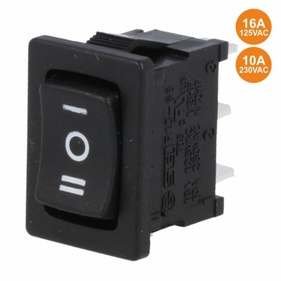 Interruptor basculante preto com símbolos I, O, II e especificações técnicas.