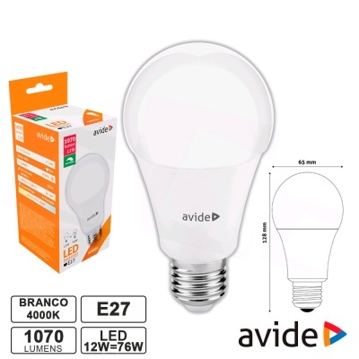 Lâmpada LED avide E27 12W 4000K com embalagem e dimensões