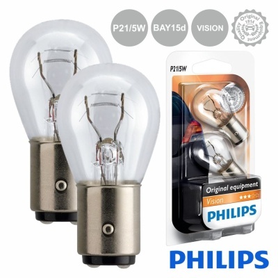 Lâmpadas automóveis Philips P21/5W com embalagem e texto visível