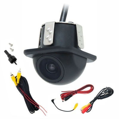 Câmara de vigilância preta com suporte metálico e cabos acessórios