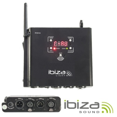 Equipamento eletrónico preto com antena e mostrador digital, logo ibiza LIGHT e conectores DMX