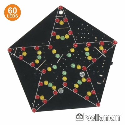 Luz de estrela com 60 LEDs coloridos numa base preta em forma de pentágono