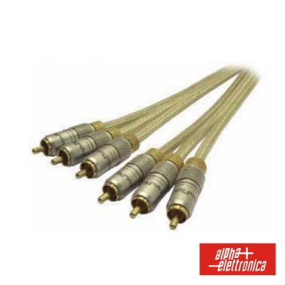 Conjunto de cabos áudio RCA prateados com detalhes dourados e logótipo alpha+ elettronica