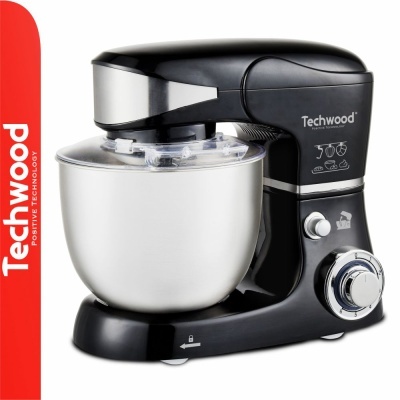 Robot de cozinha preto Techwood com taça metálica prateada e tampa transparente