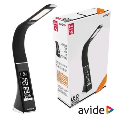 Candeeiro de secretária preto com ecrã digital ao lado da sua embalagem com texto e marca avide