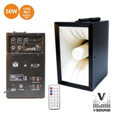 Coluna de som preta VSOUND com painel traseiro e telecomando