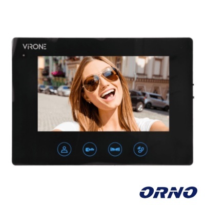 Monitor vídeo porteiro preto com ecrã a cores e ícones azuis