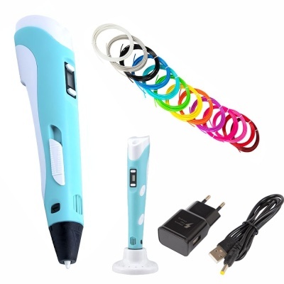 Caneta 3D azul clara com visor digital, anéis coloridos e acessórios de carregamento