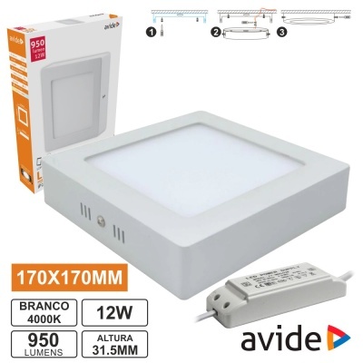 Lâmpada LED quadrada branca avide 170x170mm 12W 950 lumens 4000K com transformador e embalagem