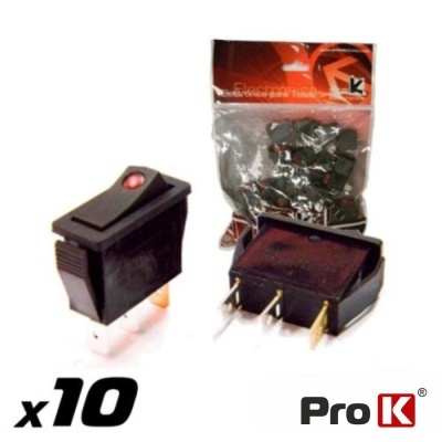 Dez interruptores elétricos pretos com luz vermelha e embalagem Pro K