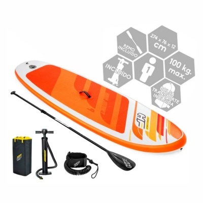 Prancha paddle board insuflável laranja e branca com remo, bomba, mochila e cordão