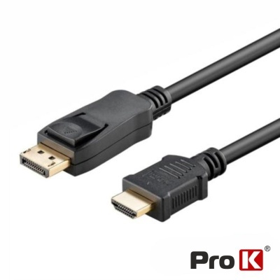 Cabo preto com conectores DisplayPort e HDMI com logótipo Pro K