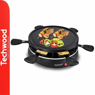 Aparelho de raclette elétrico preto Techwood com chapa para grelhar e mini tabuleiros