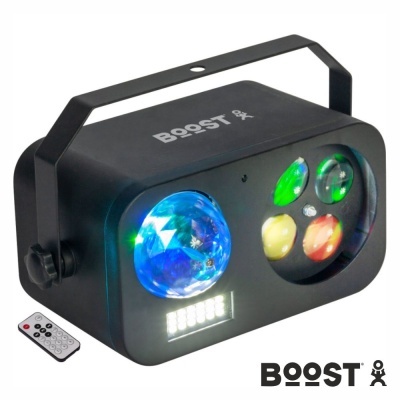 Máquina de luz LED Boost preta com diversas lentes coloridas e controlo remoto.