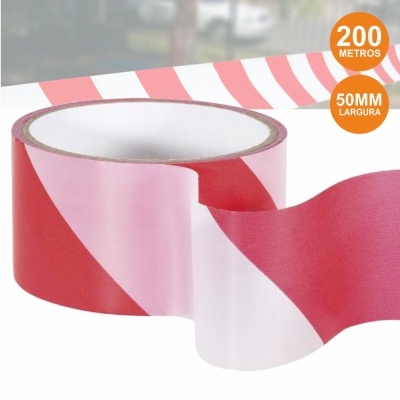 Rolo de fita sinalizadora vermelho e branco com etiquetas de dimensões