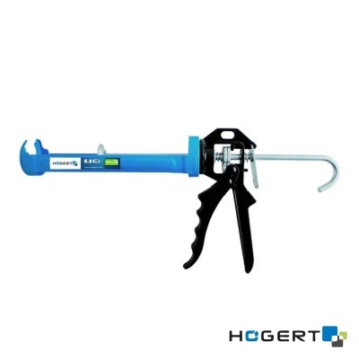 Pistola aplicadora de silicone azul e preta com gancho metálico