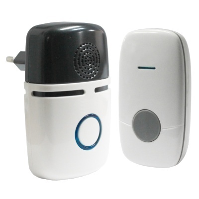 Conjunto de campainha sem fios branco e preto com botão cinzento e anel azul