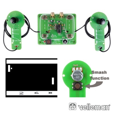 Kit eletrónico verde com controladores, placa e jogo Pong em preto e branco