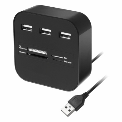 Hub multiusos preto com portas USB e leitor de cartões