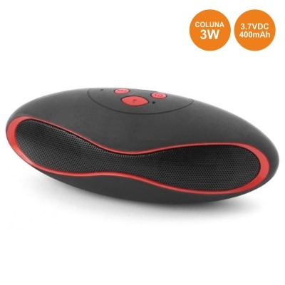 Coluna portátil preta com detalhes vermelhos e três botões no topo