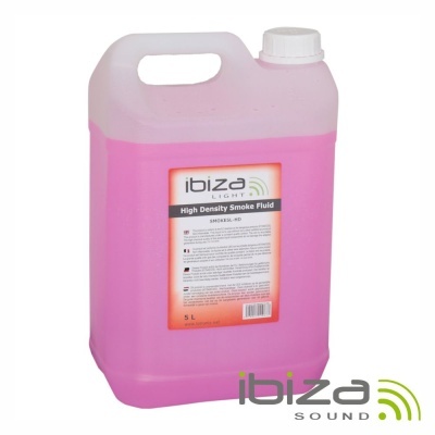 Recipiente rosa translúcido de 5 litros com tampa branca e rótulo 'ibiza LIGHT High Density Smoke Fluid'