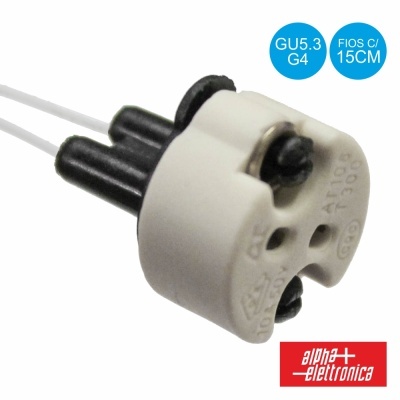 Soquete elétrico branco com pinos pretos e fios brancos