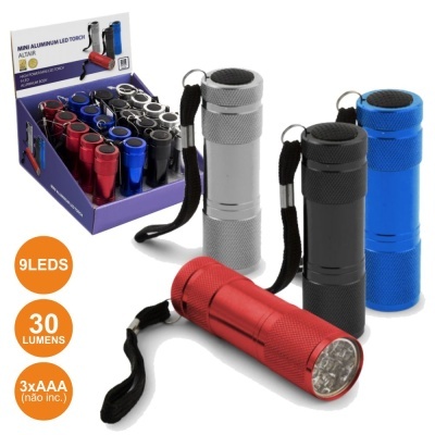 Lanterna mini de alumínio LED em várias cores com cordão e caixa azul