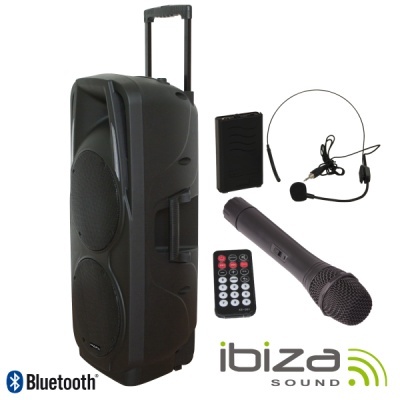Coluna portátil preta com microfones, comando e logotipo Ibiza Sound