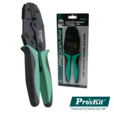 Alicate crimpar terminal isolado Pro'sKit com pegas verdes e pretas e embalagem original