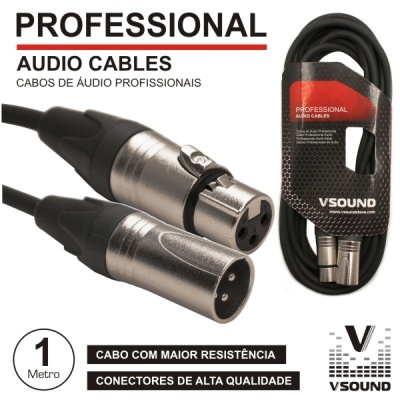 Cabo de áudio profissional preto com conectores XLR e embalagem VSOUND