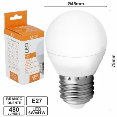 LÂMPADA E27 6W=41W 230V LEDS SMD GLOBO BRANCO QUENTE 480LM
