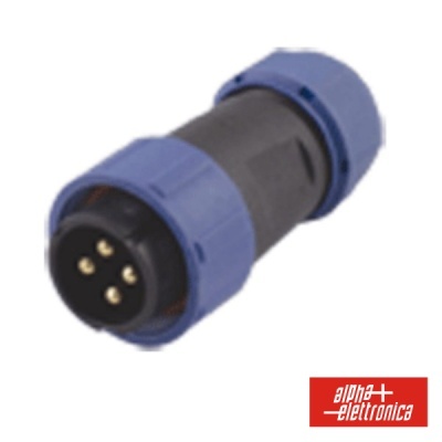 Conector eletrónico preto e azul com quatro pinos dourados, fundo branco e logótipo alpha elettronica
