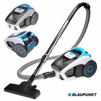 aspirador de pó portátil branco e azul com tubo metálico e roda azul