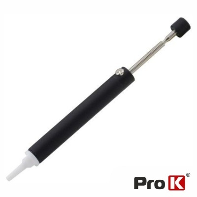 Instrumento de cozinha preto e metálico com bico branco e botão preto, logotipo Pro K