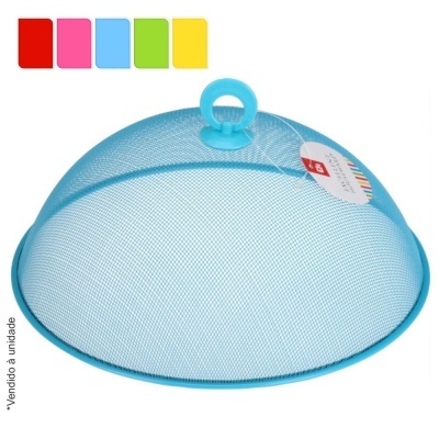 Tampa protetora de alimentos em rede metálica azul claro com pega circular