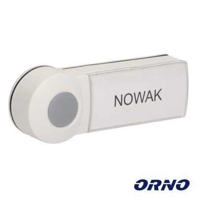 Campainha sem fios branca com botão cinza e etiqueta com texto 'NOWAK'