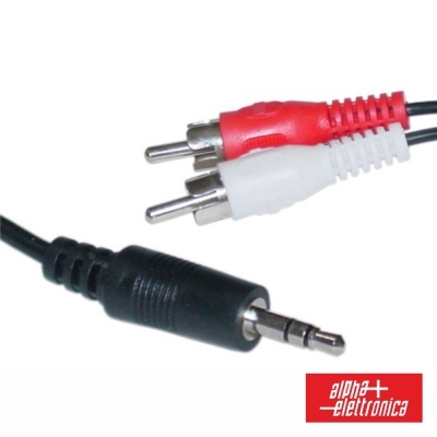 Cabo com conectores jack 3,5 mm e RCA vermelho e branco com logótipo Alpha Elettronica
