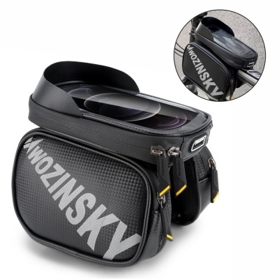 Mala de bicicleta preta com texto branco Wozinsky e fechos amarelos