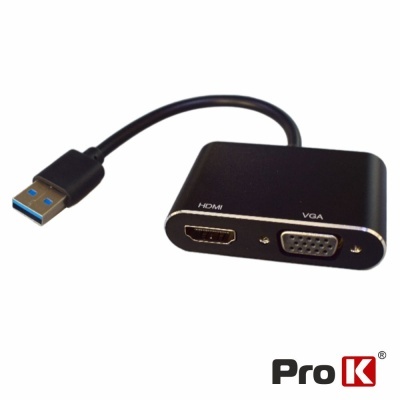 Adaptador USB preto com portas HDMI e VGA e logótipo Pro K