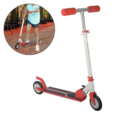 Trotinete infantil branca e vermelha com guiador ajustável e rodas pequenas