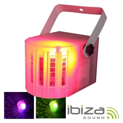 lanterna LED RGB rosa-amarelo com pega ajustável, luzes coloridas e logo IBIZA SOUND