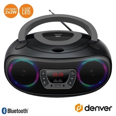 RÁDIO PORTÁTIL LEITOR FMBTCDUSB COLUNAS 2X2W LEDS DENVER