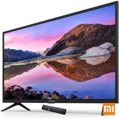 Televisor Xiaomi com paisagem montanhosa no ecrã e comando preto
